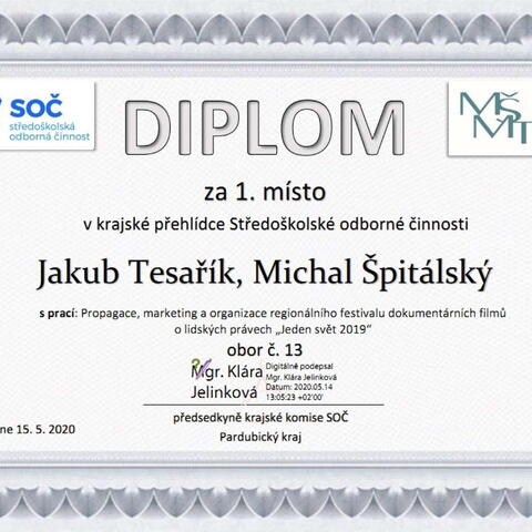 Jakub Tesařík a Michal Špitálský - 1. místo v krajském kole ve Středoškolské odborné činnosti v oboru 13 - Ekonomika a řízení