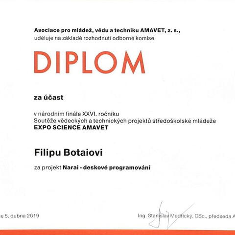 Diplom za účast ve finále Expo Science AMAVET - Filip Botai