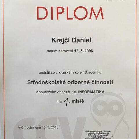 Diplom pro Daniela Krejčího - vítěze krajského kola SOČ v oboru Informatika