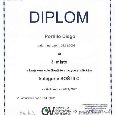 Diplom za 3. místo v krajském kole olympiády z angličtiny 2022 - Diego Portillo