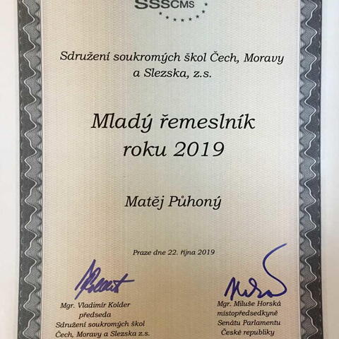 Diplom pro Matěje Půhoného - Mladý řemeslník 2019