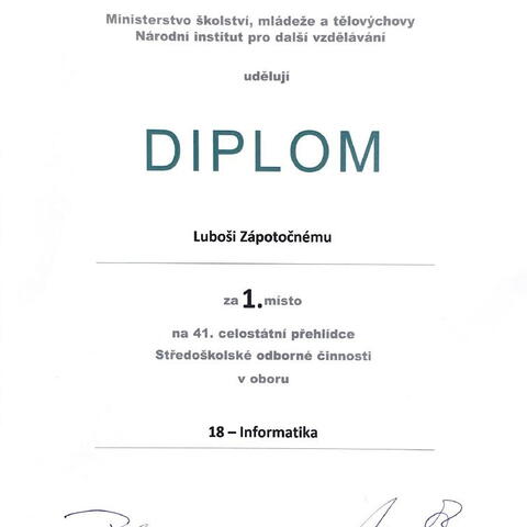 Diplom - Luboš Zápotočný - vítěz 41. ročníku Středoškolské odborné činnosti v oboru Informatika