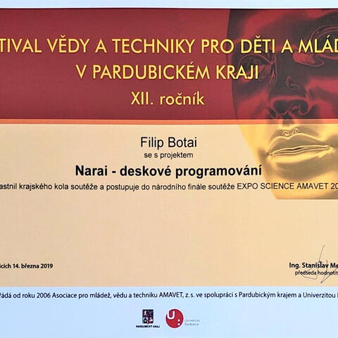 Filip Botai se svou prací Narai - Deskové programování postoupil na národní finále Expo Science AMAVET 2019.