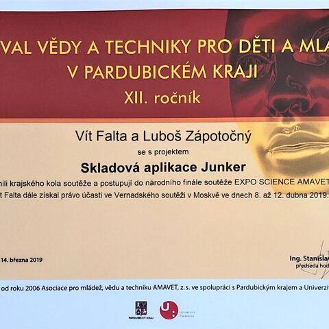 Vítek Falta  a Luboš Zápotočný se svým projektem Skladová aplikace Junker postoupili na národní finále Expo Science AMAVET 2019.