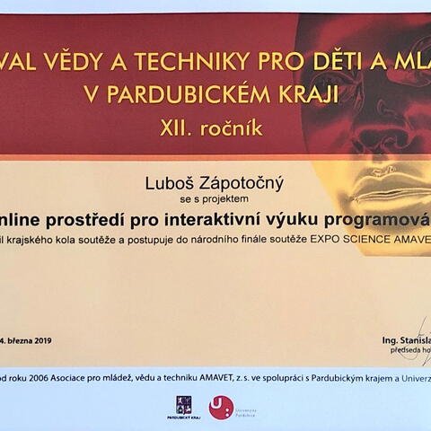 Luboš Zápotočný se svou prací Online prostředí pro interaktivní výuku programování postoupil na národní finále Expo Science AMAVET 2019.