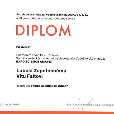 Diplom za účast ve finále Expo Science AMAVET - Luboš Zápotočný a Vít Falta