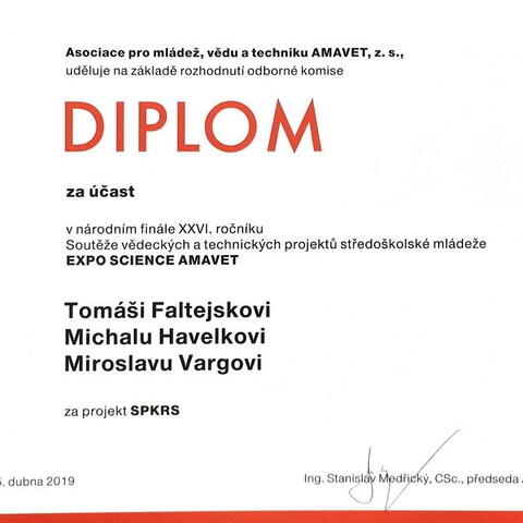 Diplom za účast ve finále Expo Science AMAVET - Tomáš Faltejsek, Michal Havelka a Miroslav Varga