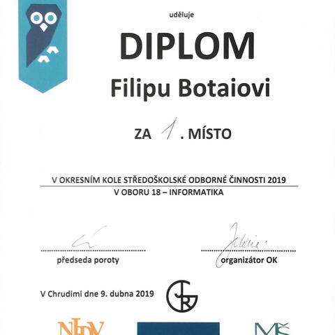 Diplom - 1. místo v okresním kole SOČ 2019 v kategorii Informatika - Filip Botai.