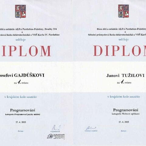 Diplomy našich dvou vítězů - Josef Gajdůšek - vyšší programovací jazyky a Jan Tužil - webové aplikace
