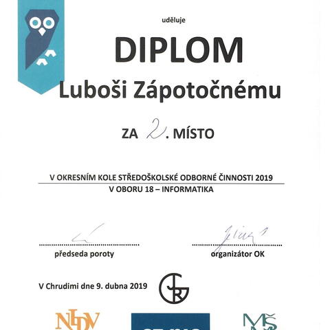 Diplom - 2. místo v okresním kole SOČ 2019 v kategorii Informatika - Luboš Zápotočný.