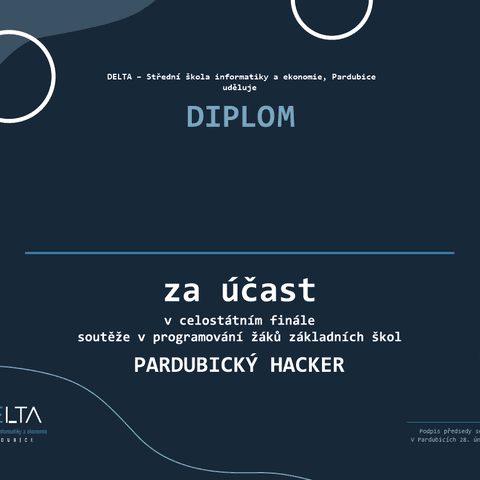 Návrh diplomu za účast - Matěj Moravec - student 2. ročníku zaměření počítačová grafika