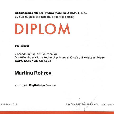 Diplom za účast ve finále Expo Science AMAVET - Martin Rohr