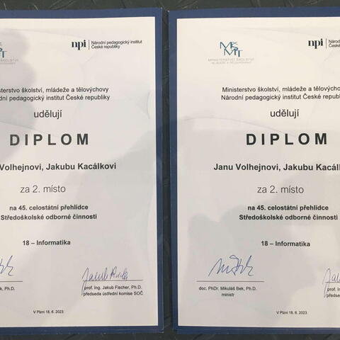 2. místo v celostátním kole Středoškolské odborné činnosti v Informatice - Jan Volhejn a Jakub Kacálek - diplomy