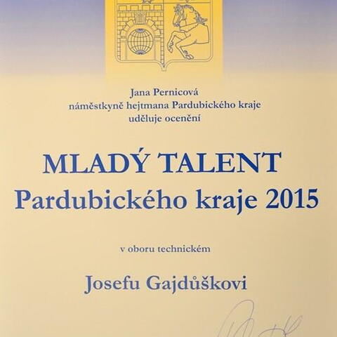 Mladý talent Pardubického kraje - Josef Gajdůšek - diplom