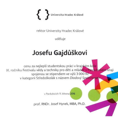 Josef Gajdůšek, Diodový spektrometr, cena rektora Univerzity Hradec Králové pro nejlepší středoškolskou práci