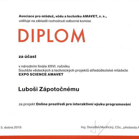 Diplom za účast ve finále Expo Science AMAVET - Luboš Zápotočný