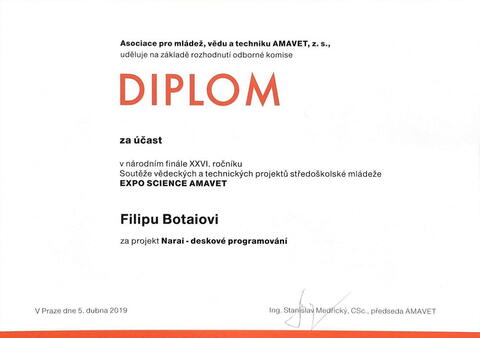 Diplom za účast ve finále Expo Science AMAVET - Filip Botai