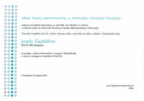 Cena děkana Fakulty elektrotechniky a informatiky Univerzity Pardubice pro Josefa Gajdůška