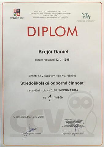 Diplom pro Daniela Krejčího - vítěze krajského kola SOČ v oboru Informatika