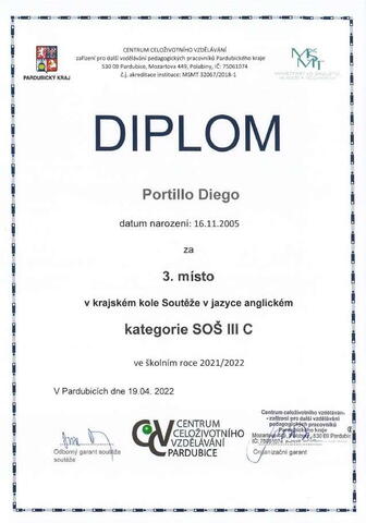 Diplom za 3. místo v krajském kole olympiády z angličtiny 2022 - Diego Portillo