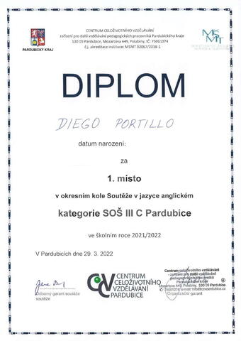 Diplom za 1. místo v okresním kole olympiády z angličtiny 2022 - Diego Portillo