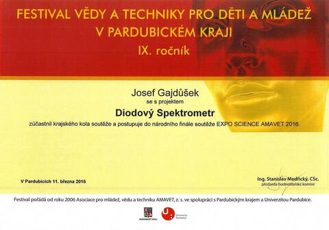 Josef Gajdůšek, diodový spektrometr - postup do ústředního kola Expo Science AMAVET