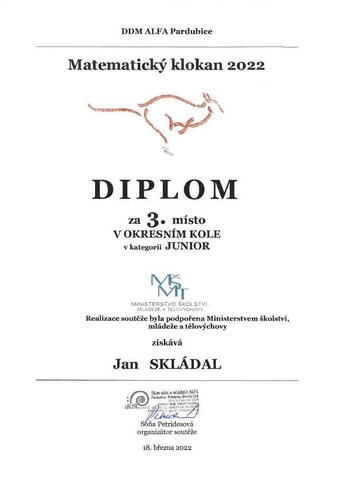 Diplom za 3. místo v okresním kole Matematického klokana 2022 - Jan Skládal