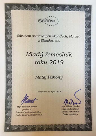 Diplom pro Matěje Půhoného - Mladý řemeslník 2019