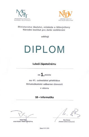 Diplom - Luboš Zápotočný - vítěz 41. ročníku Středoškolské odborné činnosti v oboru Informatika