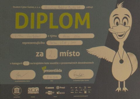 Diplom za 2. místo v krajském kole Prezentiády