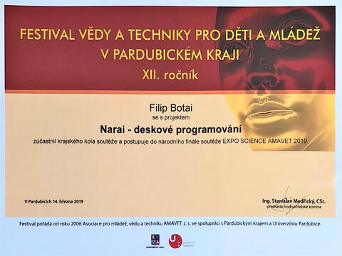 Filip Botai se svou prací Narai - Deskové programování postoupil na národní finále Expo Science AMAVET 2019.