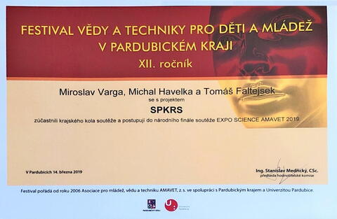 Tomáš Faltejsek, Michal Havelka a Miroslav Varga se svou prací SPKRS postoupili na národní finále Expo Science AMAVET 2019.