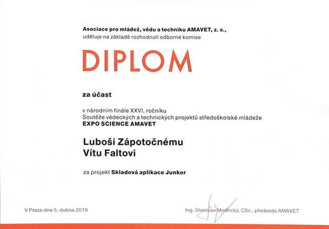 Diplom za účast ve finále Expo Science AMAVET - Luboš Zápotočný a Vít Falta