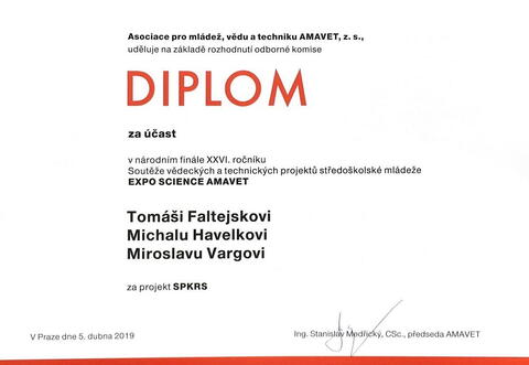 Diplom za účast ve finále Expo Science AMAVET - Tomáš Faltejsek, Michal Havelka a Miroslav Varga