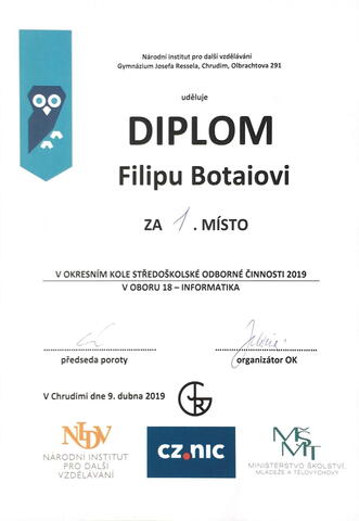 Diplom - 1. místo v okresním kole SOČ 2019 v kategorii Informatika - Filip Botai.