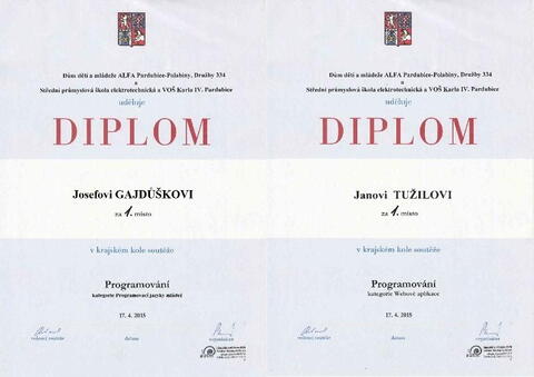 Diplomy našich dvou vítězů - Josef Gajdůšek - vyšší programovací jazyky a Jan Tužil - webové aplikace