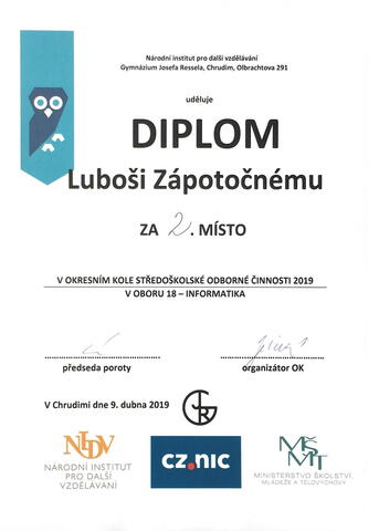 Diplom - 2. místo v okresním kole SOČ 2019 v kategorii Informatika - Luboš Zápotočný.