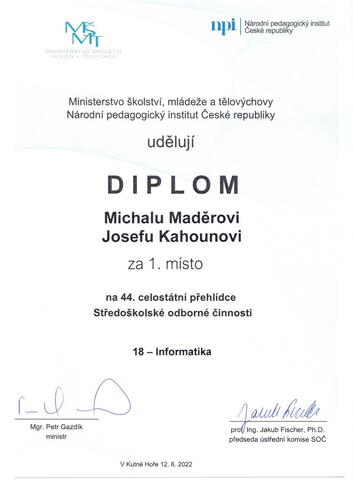 Michal Maděra a Josef Kahoun - 1. místo v celostátním kole SOČ 2022 - diplom.