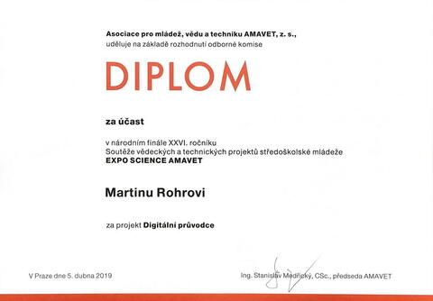 Diplom za účast ve finále Expo Science AMAVET - Martin Rohr