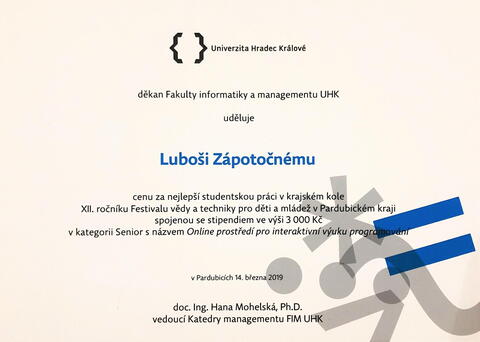 Ocenění děkana Fakulty informatiky a managementu Univerzity Hradec Králové za nejlepší projekt z oblasti informatiky pro Luboše Zápotočného.