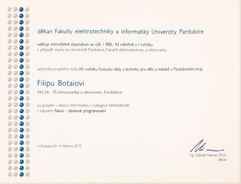 Ocenění a stipendium děkana Fakulty elektrotechniky a informatiky Univerzity Pardubice pro Filipa Botaie.