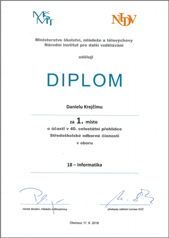 Diplom za vítězství v 40. ročníku SOČ pro Dana Krejčího