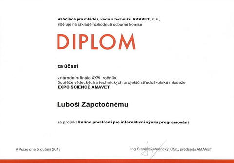 Diplom za účast ve finále Expo Science AMAVET - Luboš Zápotočný