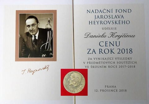 Zvláštní cena Nadačního fondu Jaroslava Heyrovského pro Daniela Krejčího - vítěze celostátního kola 40. ročníku Středoškolské odborné činnosti - oblast Informatika